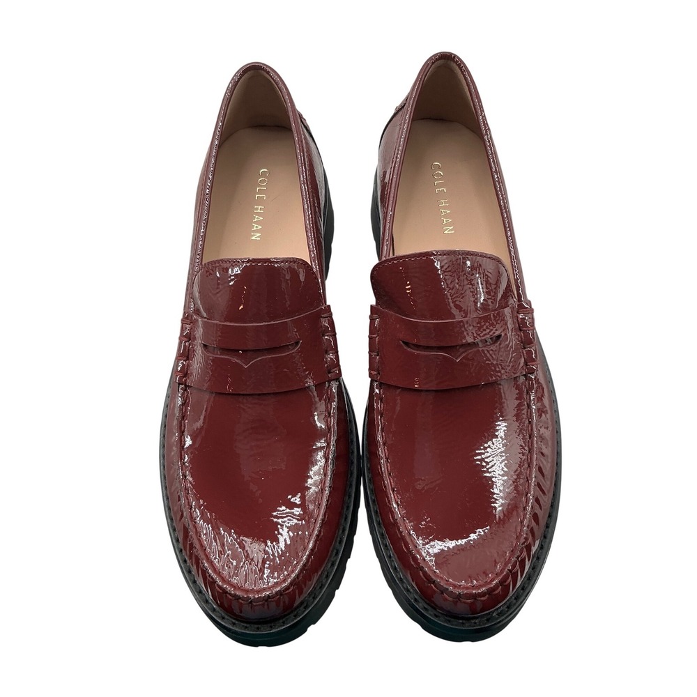 Cole Haan Womens Burgundy Patent Leather Lug Sole Penny Loafers W19842 Size 8.5B - Picture 1 of 9